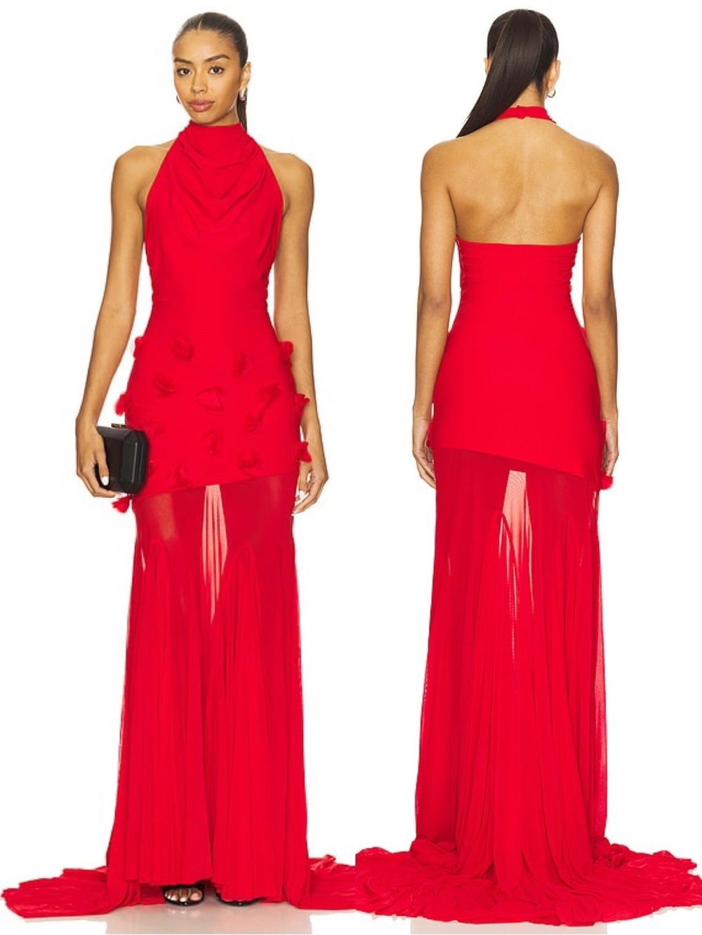 DEME by Gabriella Celeste Organza Floral Halter Stretch Jersey Gown Red